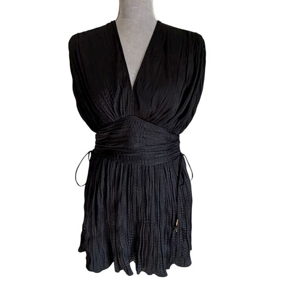 FREE PEOPLE Bonny Mini Dress Black Plunging Smocked Waist Tie Back SZ S - Picture 1 of 8